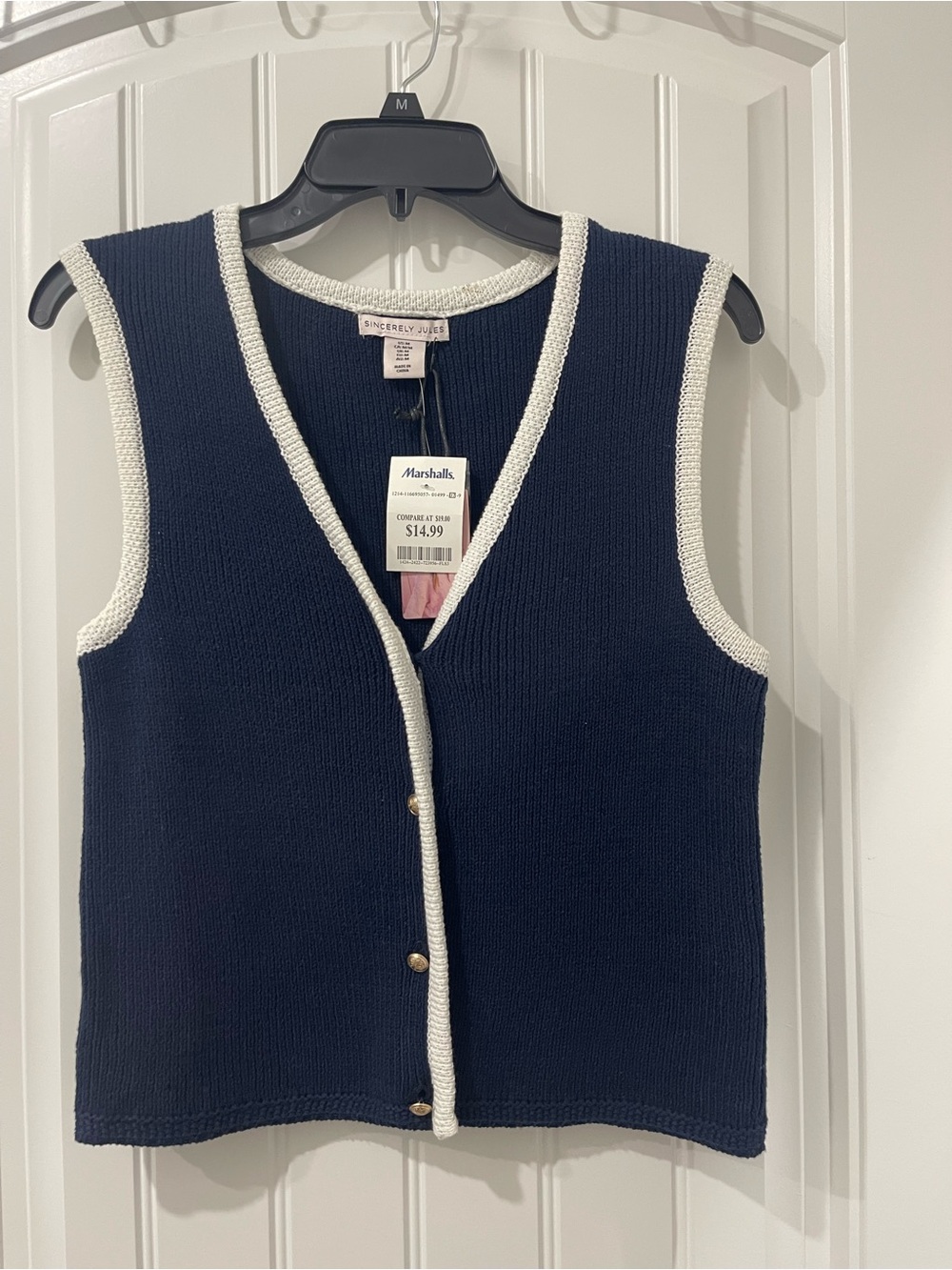 Sincerly Jules Navy Knit Button-Front Vest with Cream Trim | Medium